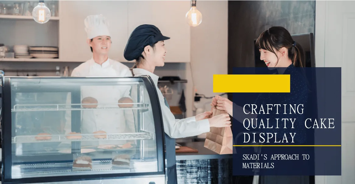 A bakery setting with a glass display case showcasing cakes. Two staff members, one in a chef uniform and another in a bakery uniform, are interacting with a customer who is receiving a paper bag. The text on the image reads: Crafting Quality Cake Display. Skadi's Approach to Materials.